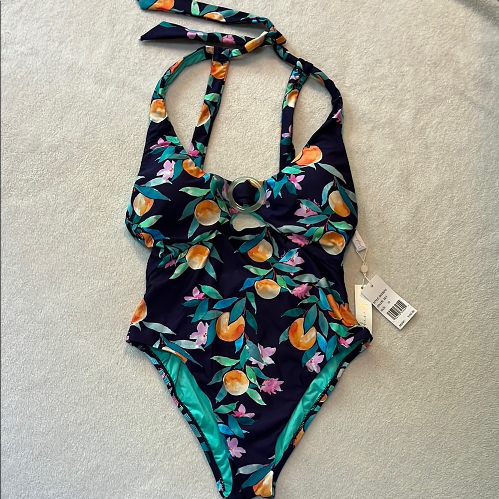 Sunshine 79 Blue and Orange One Piece Swimwear Halter Tie with Tropical Print